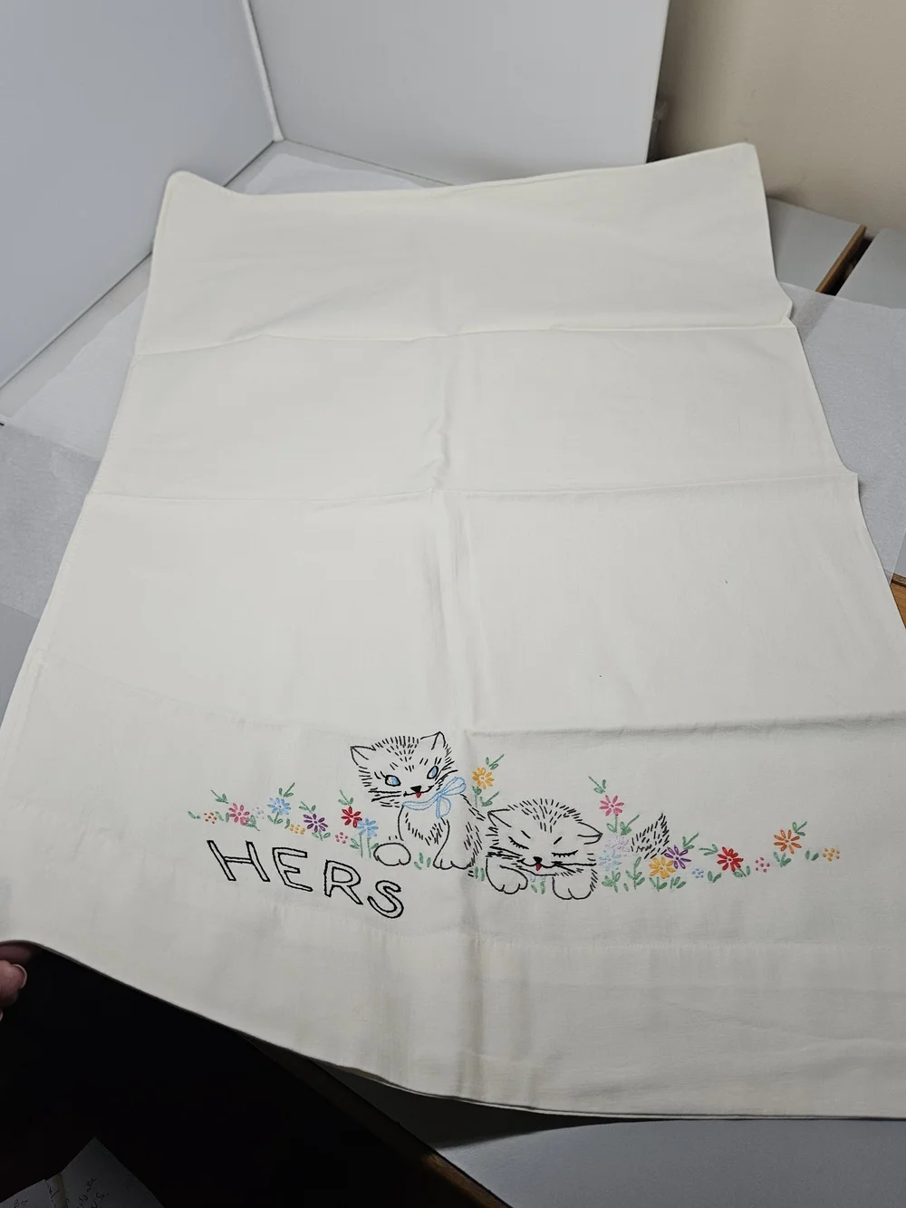Vintage Pair Embroidered 'His' and 'Hers' Kitten Cat  Pillowcases